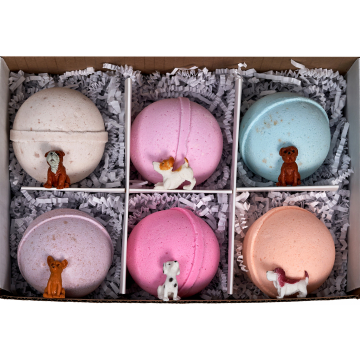 Adorable Kids Bath Bomb Gift Set, 6 Bath Bombs with (ADOPT-A-PUPPY) toys inside, natural ingredients, will not stain the tub
