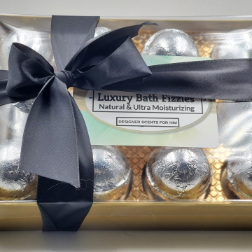Designer Scents Bath Bomb Gift Set for Men with 12 foil-wrapped 2.5 oz bath bombs, ultra-moisturizing, great for dry skin, makes a nice gift