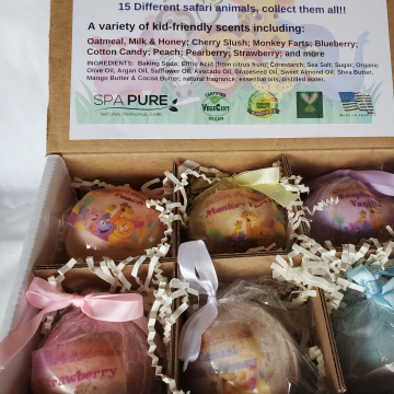 Safari Animals Kids Bath Bomb Gift Set, 6 Bath Bombs with Safari Animals toys inside, natural ingredients, will not stain the tub
